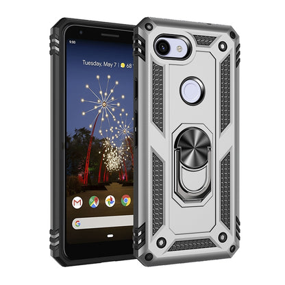 Shockproof TPU + PC protective phone case in silver with rotating ring holder.