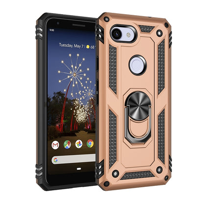 Shockproof phone case in rose gold with black edges, rotating ring holder; silver camera ring visible