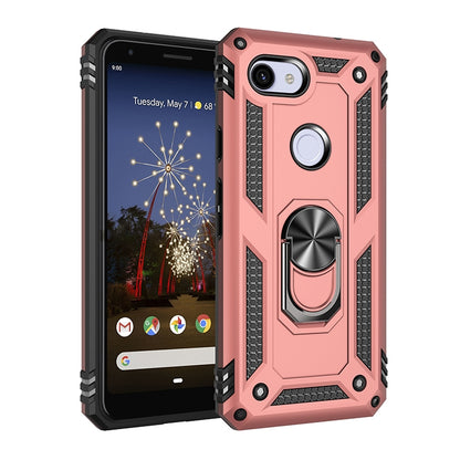 Shockproof phone case in rose gold with black armor, rotating ring holder; camera cutout centered