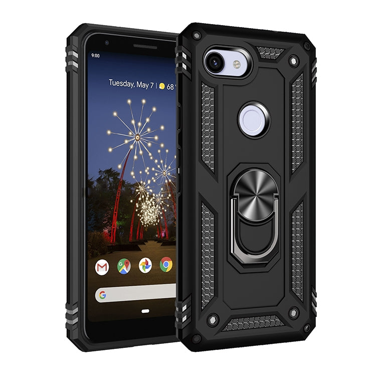 Shockproof phone case in black with rotating ring holder; silver camera ring visible, front and back