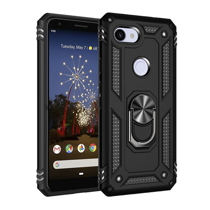 Shockproof phone case in black with rotating ring holder; silver camera ring visible, front and back