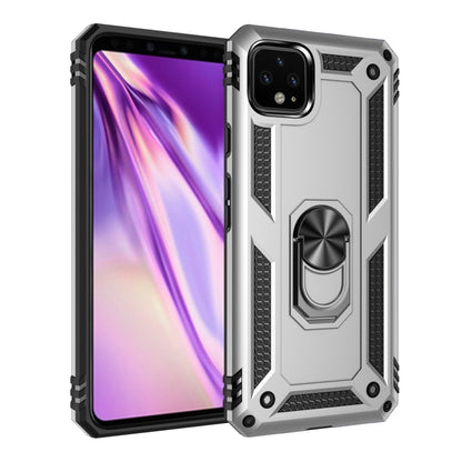 Shockproof TPU + PC protective phone case in silver with rotating ring holder.