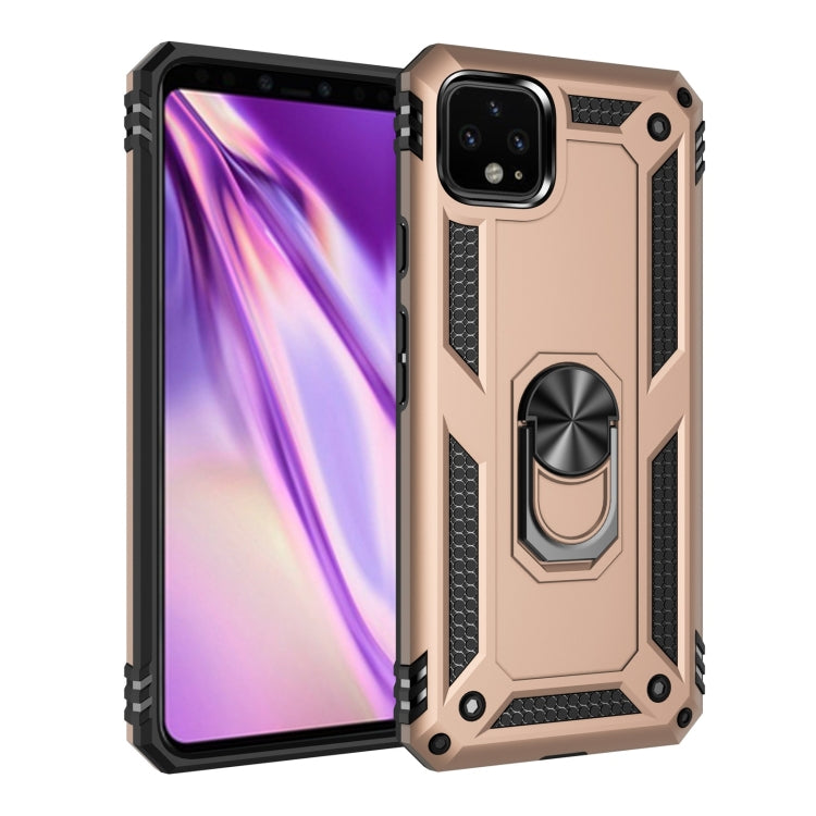Shockproof phone case in rose gold with black armor texture, rotating ring holder; side profile view