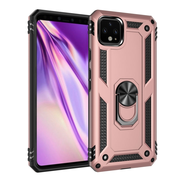 Shockproof phone case in rose gold with black textured grips, rotating ring holder; angled view