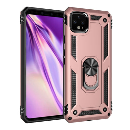 Shockproof phone case in rose gold with black textured grips, rotating ring holder; angled view