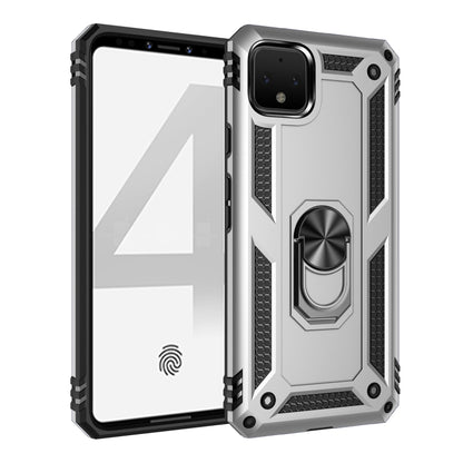 Shockproof TPU + PC protective phone case in silver with rotating ring holder.