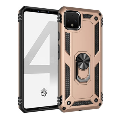 Shockproof phone case in rose gold with black armor, rotating ring holder; front and back view