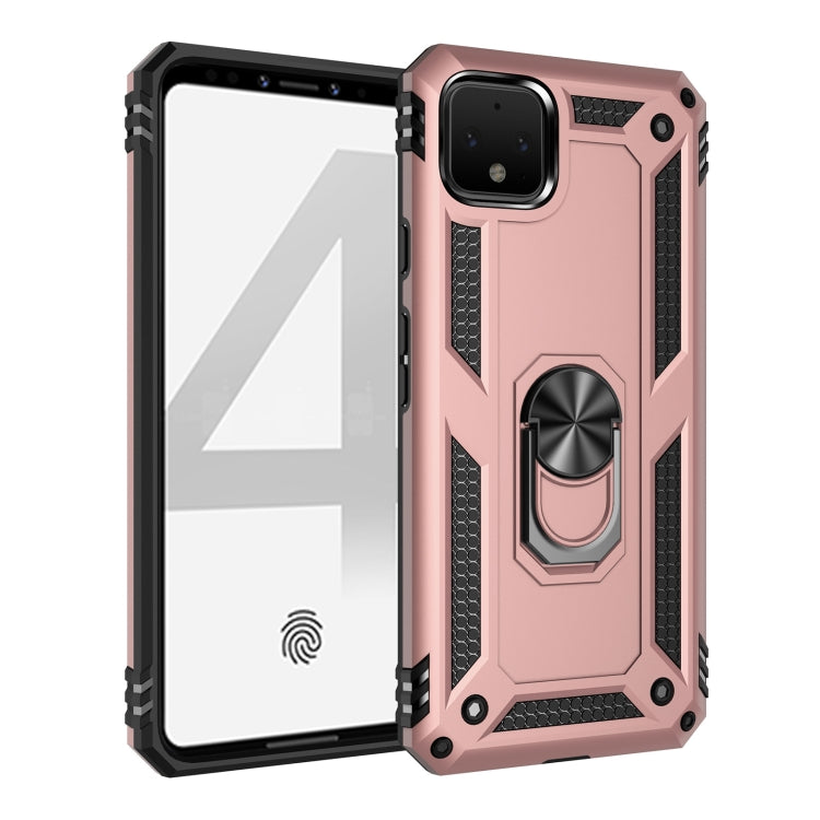 Shockproof phone case in rose gold with black protective edges, rotating ring holder; front and back