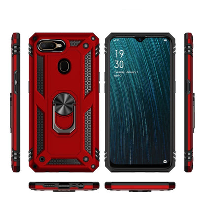 Red protective phone case and blue rugged case with rotating ring holder, side grips
