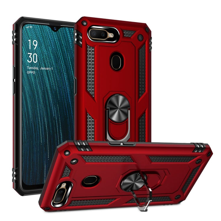Red rugged phone case with rotating ring holder and flip-out kickstand base