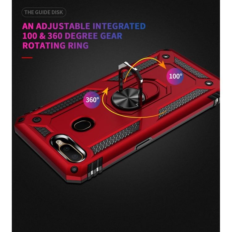 Red rugged phone case with 360 rotating ring kickstand and textured side grips