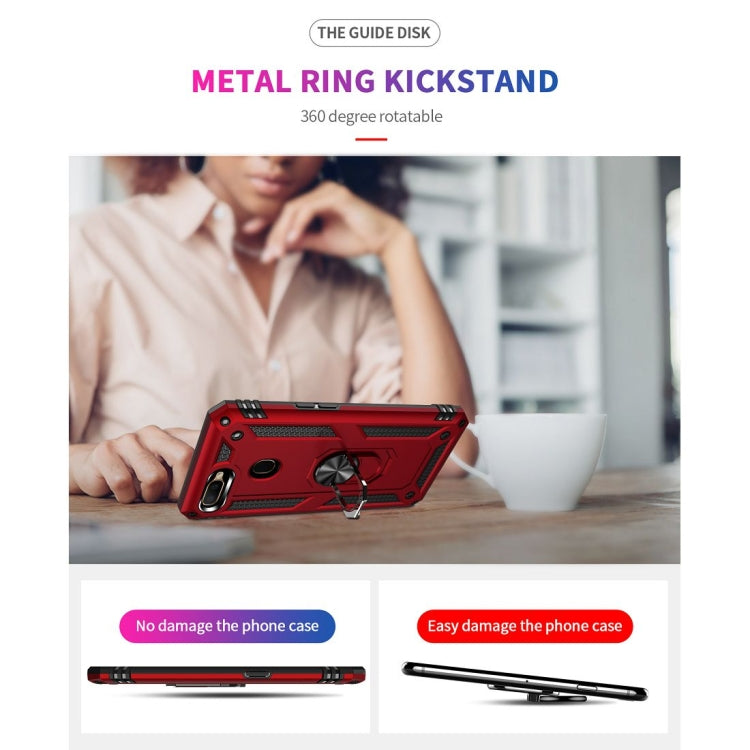 Red rugged phone case with metal ring kickstand, camera cutout, and side button covers