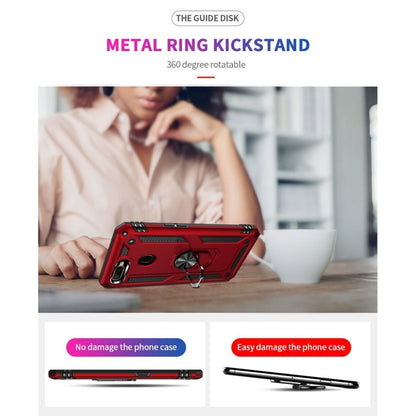 Red rugged phone case with metal ring kickstand, camera cutout, and side button covers