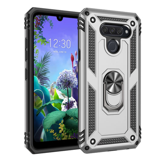 Silver and black rugged phone case with metal ring kickstand and camera cutouts