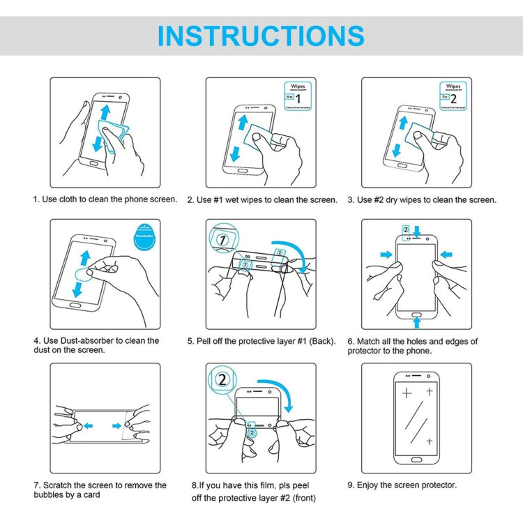 Screen protector installation guide with cleaning, alignment, and bubble removal steps