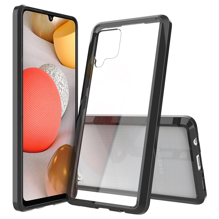 Clear protective smartphone case with raised edges and camera cutouts, black frame