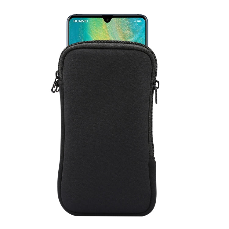 Black zippered protective phone storage bag with lanyard strap, padded interior.