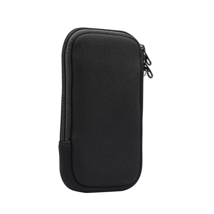 Black padded phone storage case with zipper opening and rounded edges.