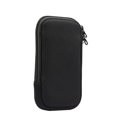 Black padded phone storage case with zipper opening and rounded edges.