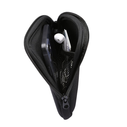Black zip pouch open showing phone and accessory compartments with mesh pocket.