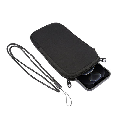 Black zippered phone case pouch with detachable lanyard cord loops.