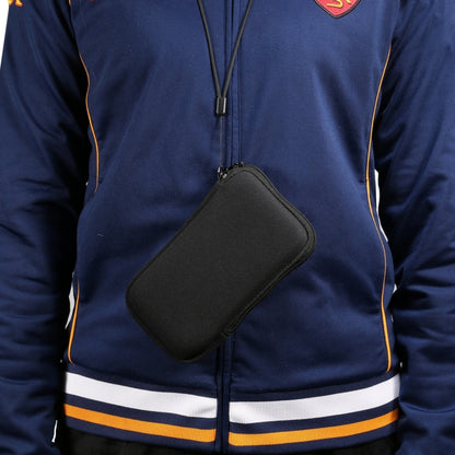 Black zippered phone storage bag worn with lanyard strap.