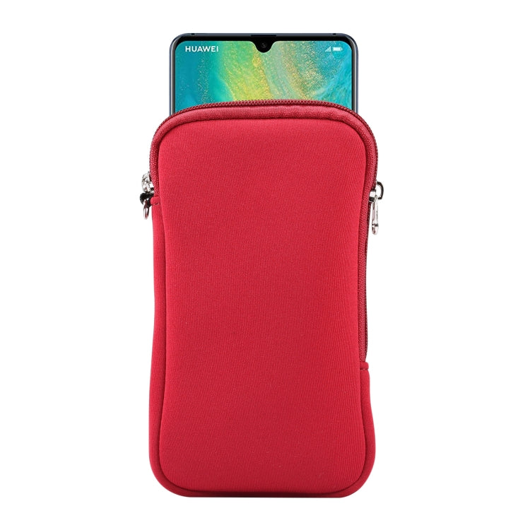 Red zippered padded phone storage pouch with phone inside.