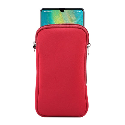 Red zippered padded phone storage pouch with phone inside.