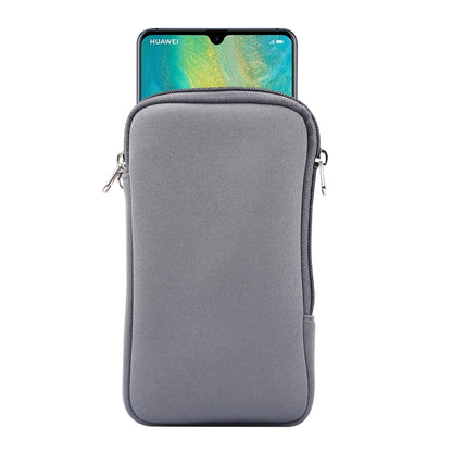 Grey zippered phone protective pouch with elastic top and metal side loops