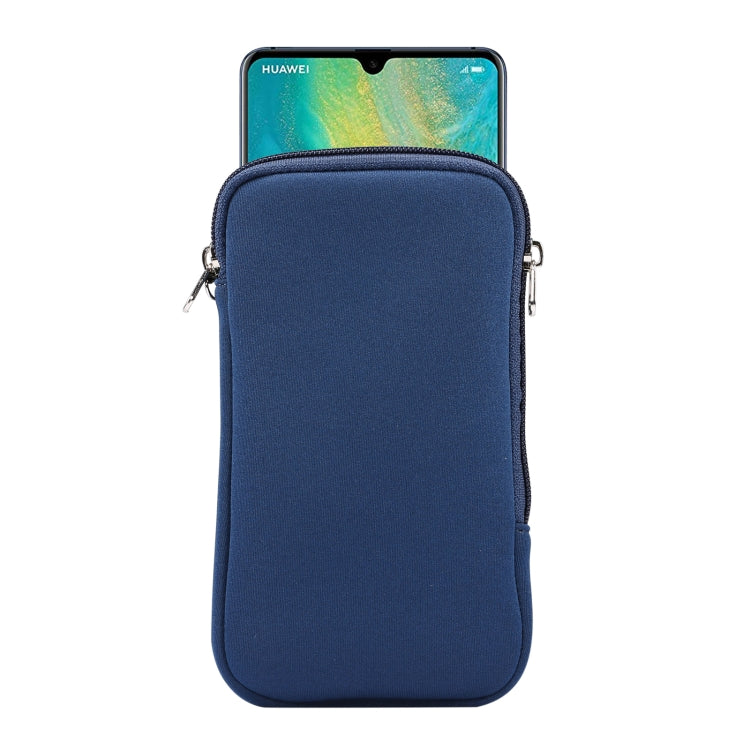 Blue zippered phone protective pouch with elastic top and metal side loops