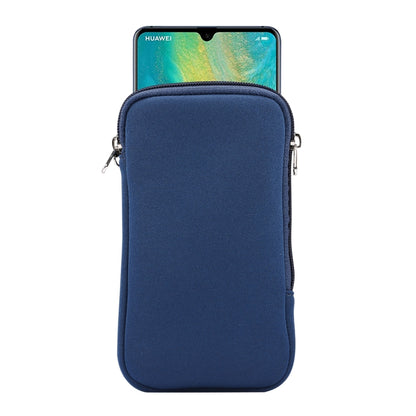 Blue zippered phone protective pouch with elastic top and metal side loops