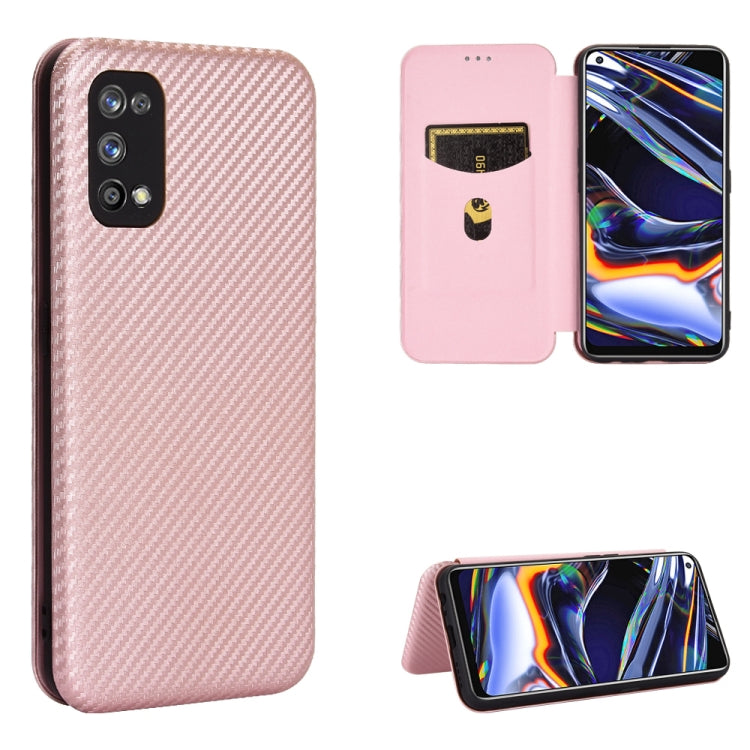 Pink magnetic flip phone case with carbon-fiber texture, card slot, and kickstand