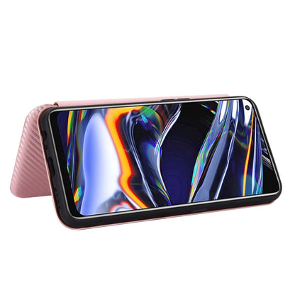 Pink magnetic flip phone case with carbon-fiber texture and horizontal stand