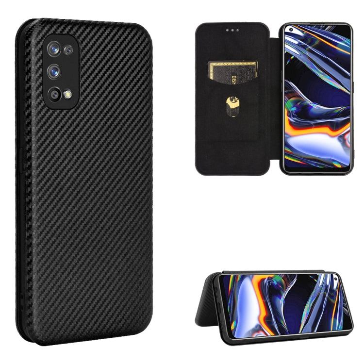 Black magnetic flip phone case with carbon-fiber texture, card slot, and kickstand