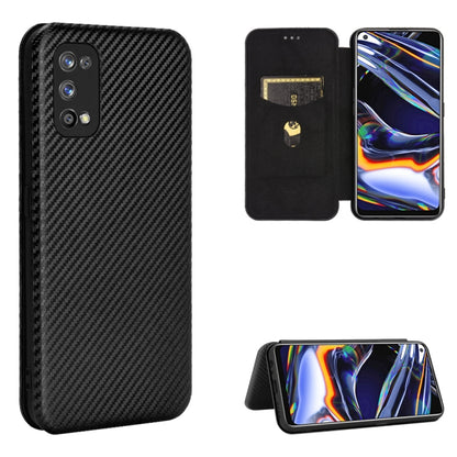 Black magnetic flip phone case with carbon-fiber texture, card slot, and kickstand