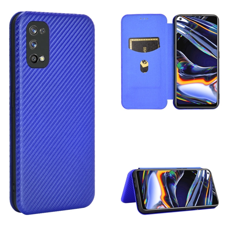 Blue magnetic flip phone case with carbon-fiber texture, card slot, and stand