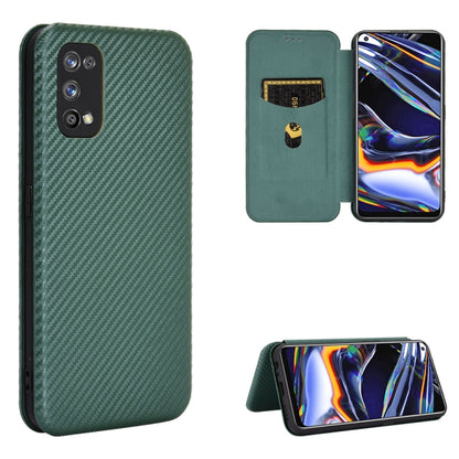 Green magnetic flip phone case with carbon-fiber texture, card slot, and kickstand