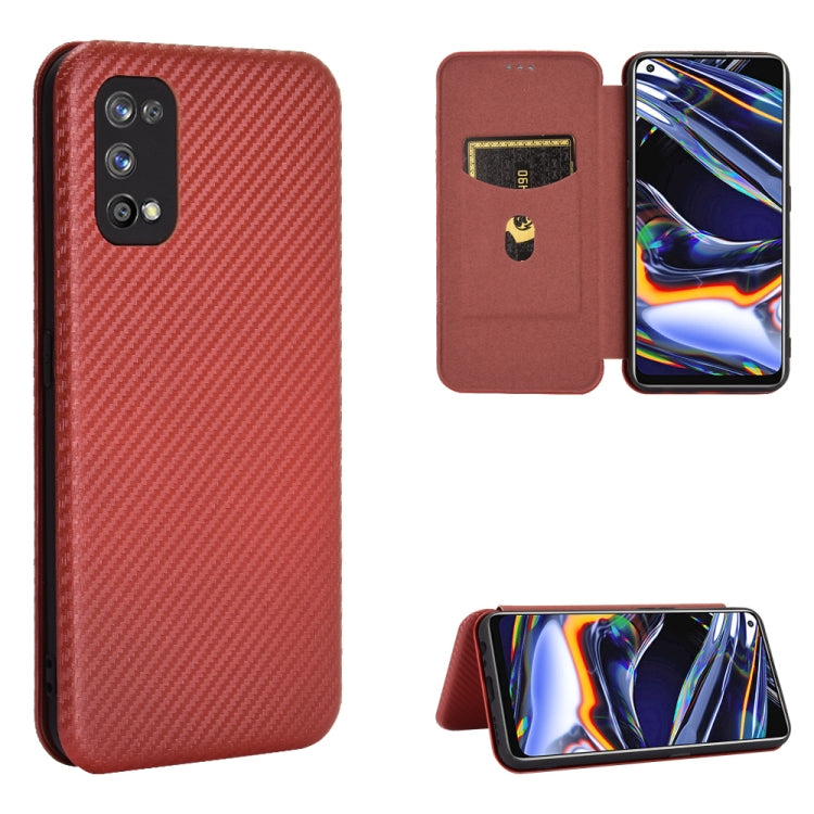 Magnetic flip phone case with carbon-fiber texture, card slot, red-brown.