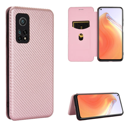 Magnetic flip phone case with carbon-fiber texture, card slot, light pink.