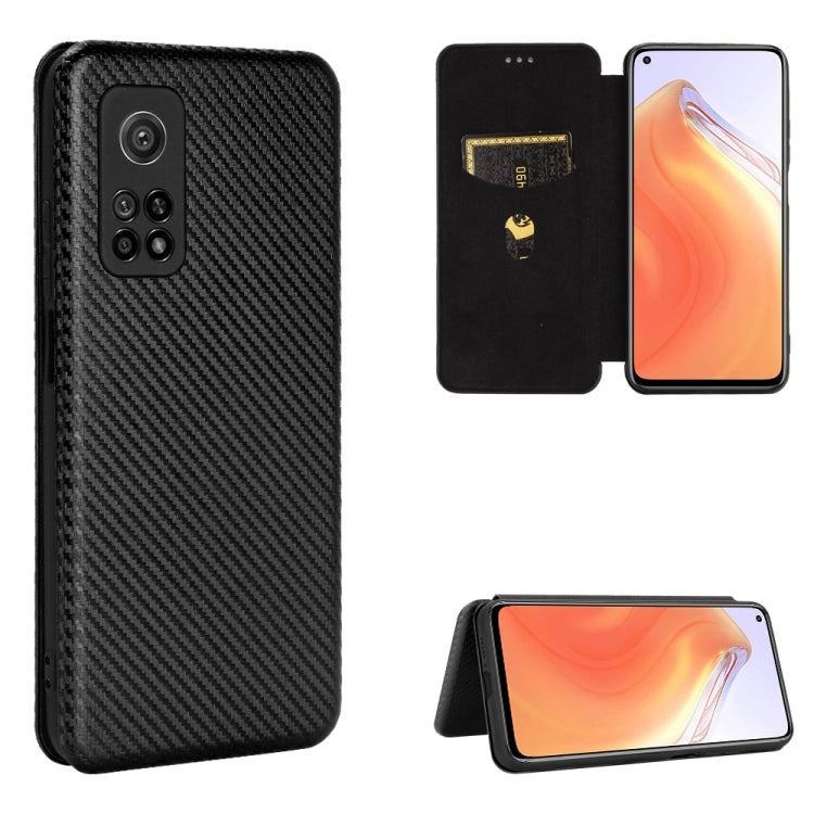 Magnetic flip phone case with carbon-fiber texture, card slot, black.