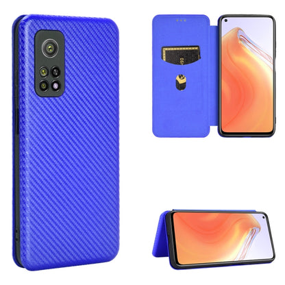Magnetic flip phone case with carbon-fiber texture, card slot, blue.