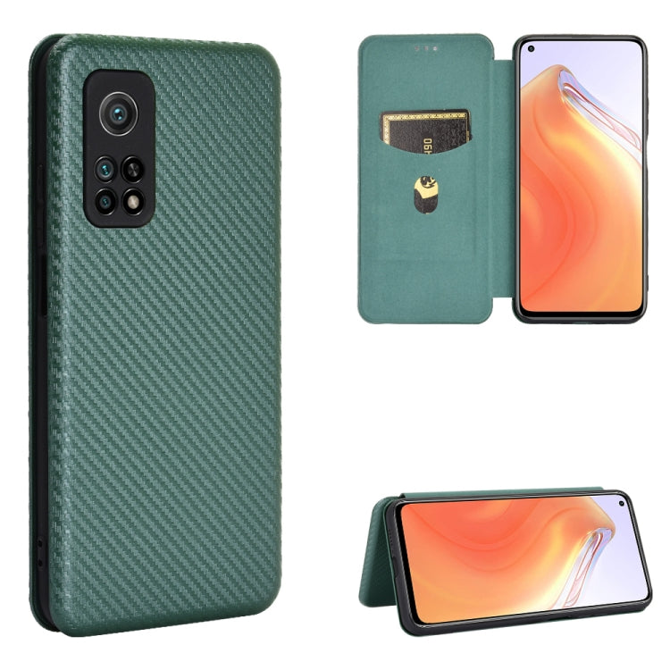 Magnetic flip phone case with carbon-fiber texture, card slot, green.