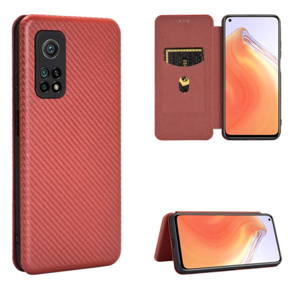 Magnetic flip phone case with carbon-fiber texture, card slot, red.