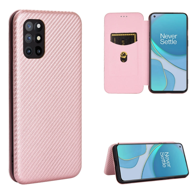 Magnetic flip phone case with carbon-fiber texture, card slot, pale pink.
