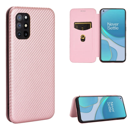Magnetic flip phone case with carbon-fiber texture, card slot, pale pink.