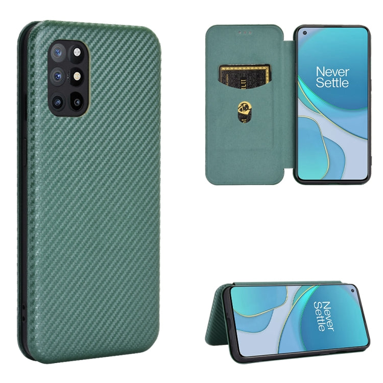 Magnetic flip phone case with carbon-fiber texture, card slot, dark green.