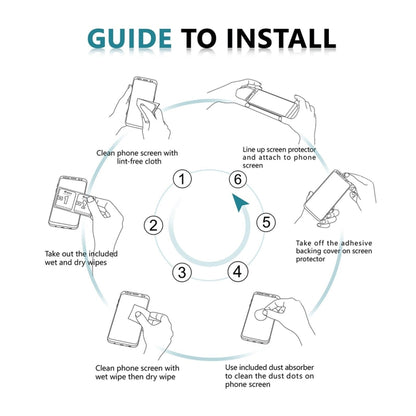 Installation guide for tempered glass screen protector, showing step-by-step alignment