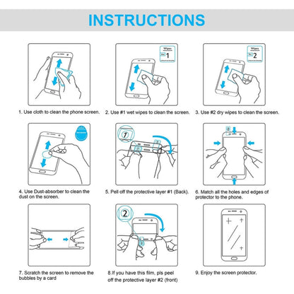 Screen protector installation instructions sheet with cleaning and peeling steps
