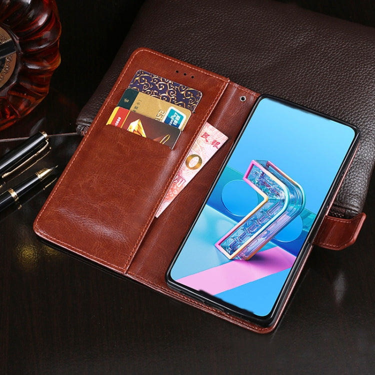 Crazy horse leather wallet flip phone case with card slots, brown with phone inserted