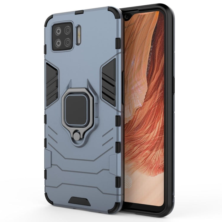 Shockproof phone case with magnetic ring holder, navy blue and gray, side view